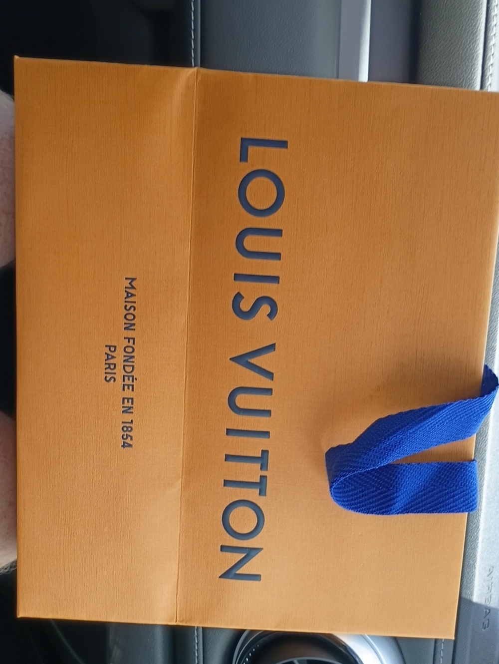 Louis Vuitton Orange Shopping Bag with Blue Handles